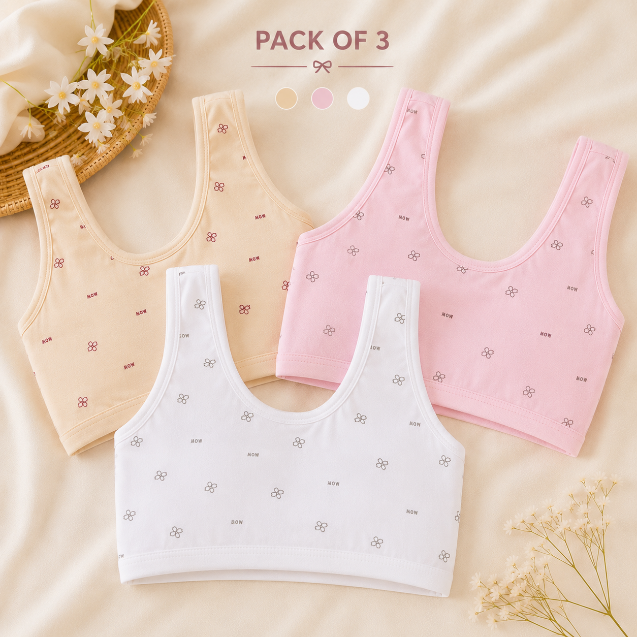 Pack of 3 Bow Printed Girls Training Bra