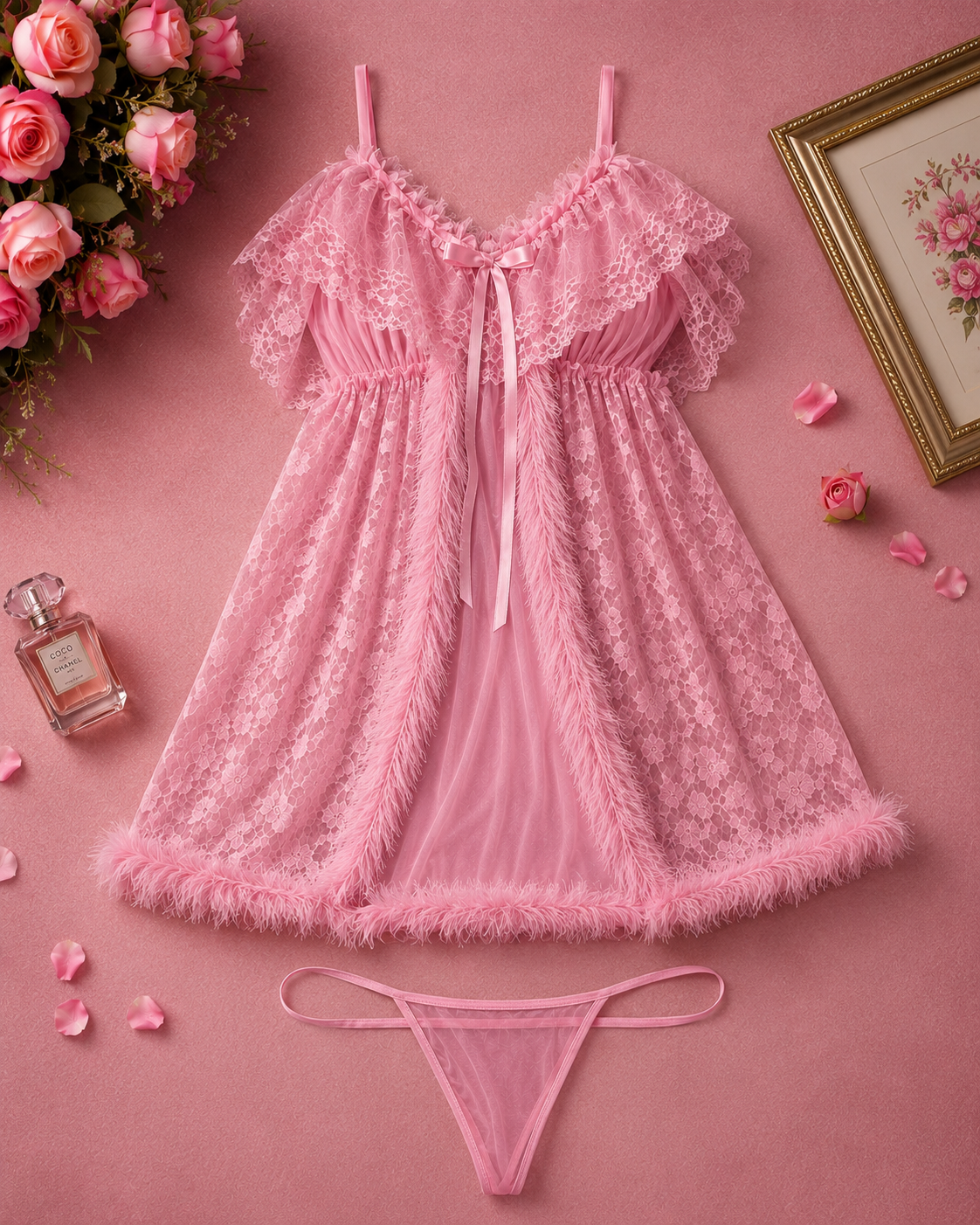 Belle & Breeze Luxe Fur Lace Nighty Soft Mesh Women's Sleepwear