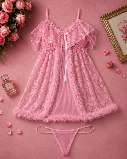 Belle & Breeze Luxe Fur Lace Nighty  Soft Mesh Women's Sleepwear