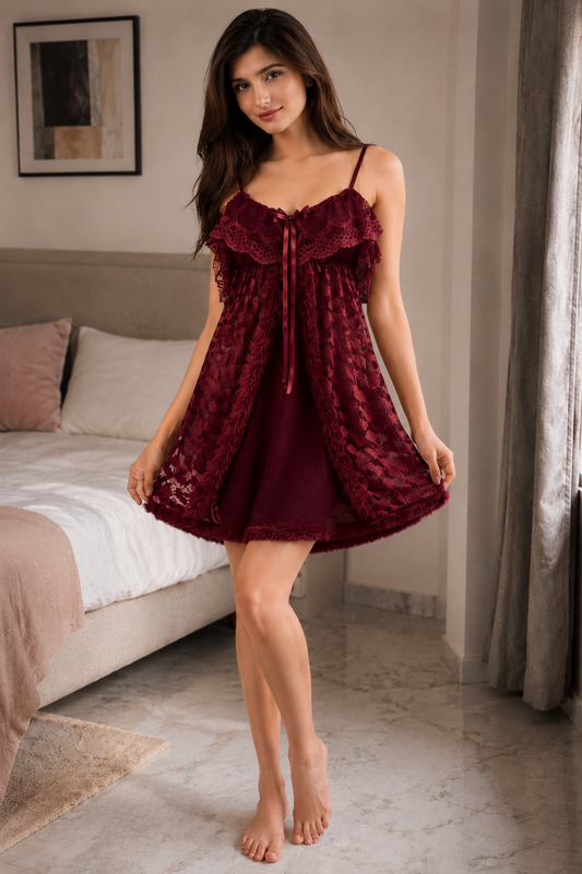 Belle & Breeze Luxe Fur Lace Nighty  Soft Mesh Women's Sleepwear