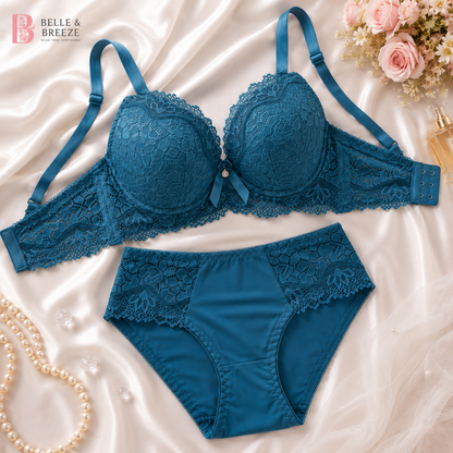 Belle & Breeze Signature Lace Underwire Foam Bra & Panty Set | Luxury Floral Lace Lingerie | Soft Push-Up Support