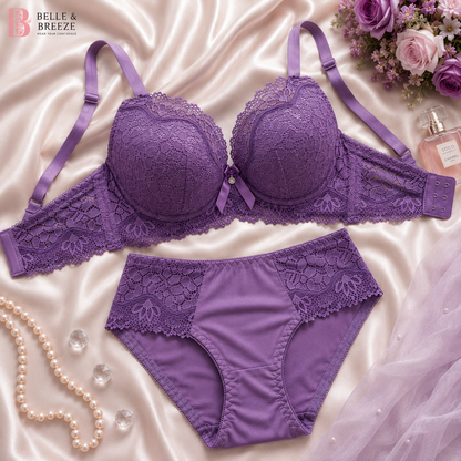 Belle & Breeze Signature Lace Underwire Foam Bra & Panty Set | Luxury Floral Lace Lingerie | Soft Push-Up Support