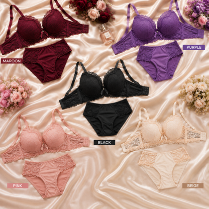 Belle & Breeze Signature Lace Underwire Foam Bra & Panty Set | Luxury Floral Lace Lingerie | Soft Push-Up Support