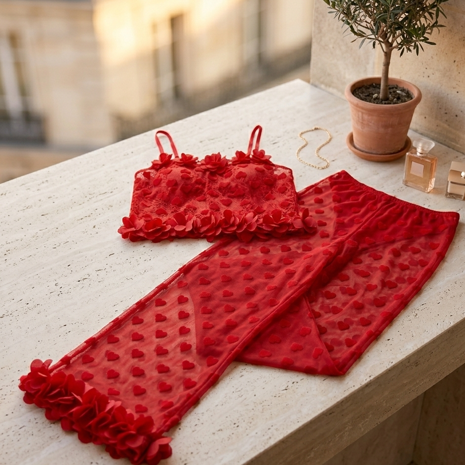 Elegant 2 Pcs Heart Print Mesh Top & Pants Sleepwear Set for Women